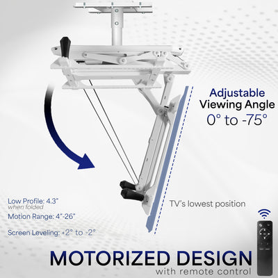 Motorized TV ceiling mount with adjustable viewing angle and remote control on a white background