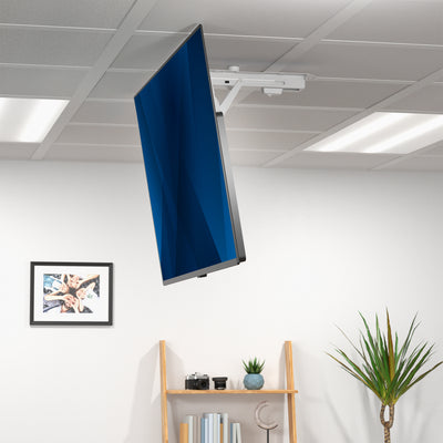 TV mounted on a white ceiling with a shelf and plant in the foreground.