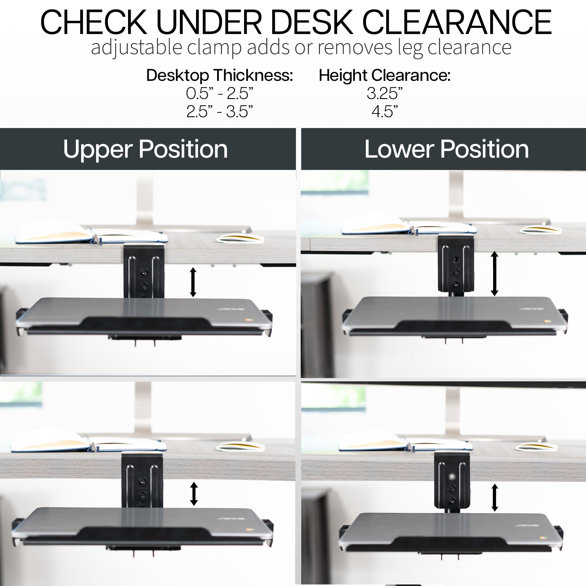 Black Single Clamp Rotating Laptop Tray for home or office use. Review desktop thickness and height clearance.