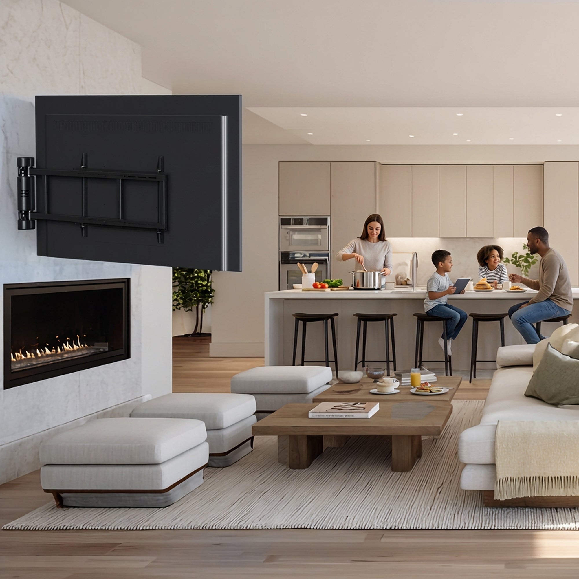 Modern living room with a TV mounted on the wall angled towards the people in the kitchen.