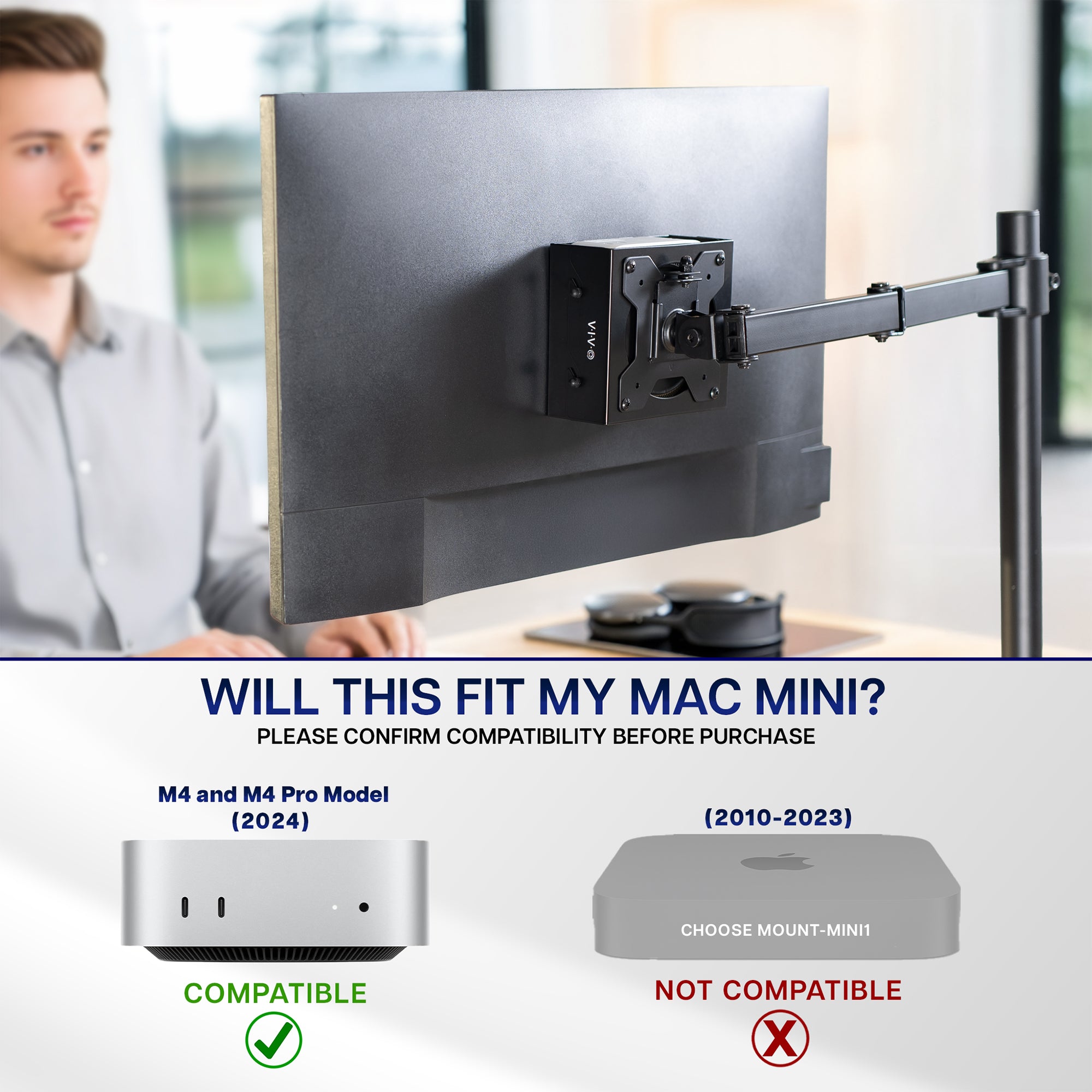 Person using a computer with a monitor on a adjustable stand with mount for Mac Mini in an office setting and compatibility information below. 