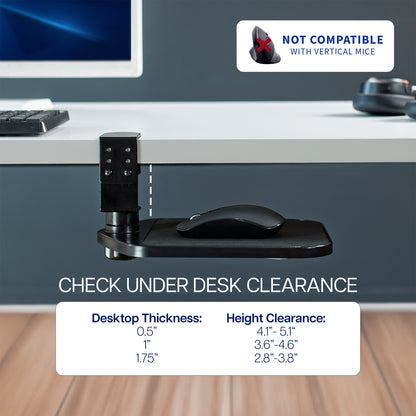 Clamp-on Desk mouse holder with compatibility label and clearance information on a desk setup.