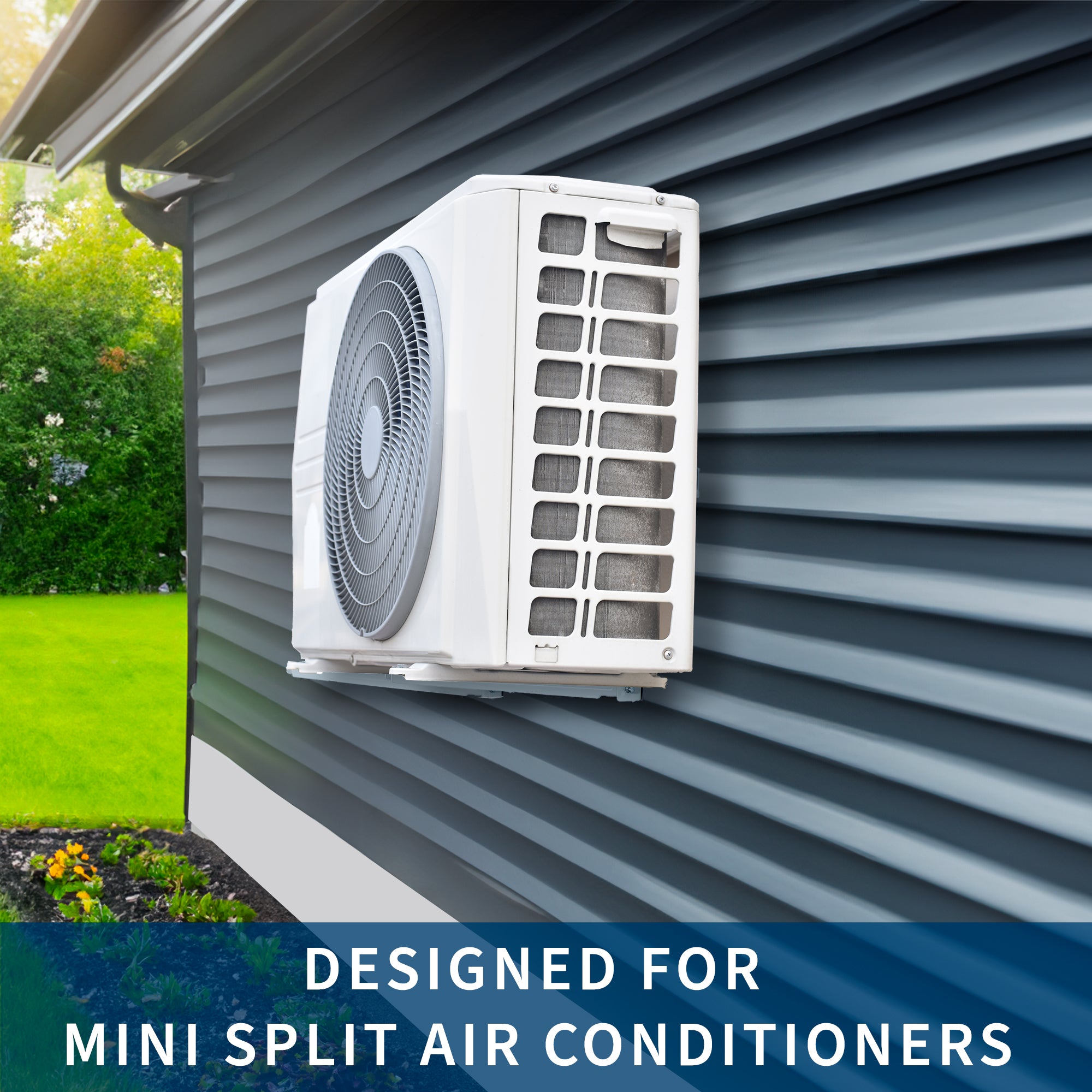 Mini split air conditioner wall mount with adjustable width and anti-vibration padding.