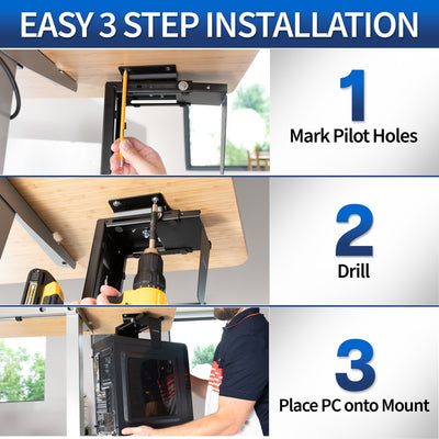 Step-by-step installation guide for a computer mount with text and images.