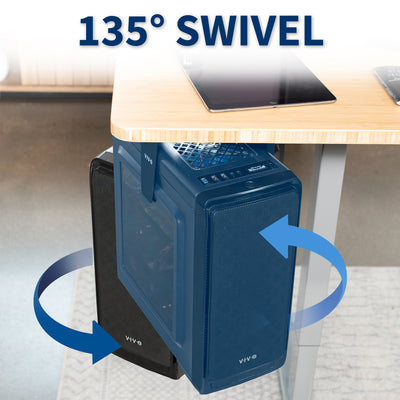 Blue computer tower with a 135-degree swivel feature on a desk.