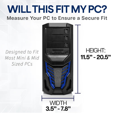 Computer case with measurement details on a white background