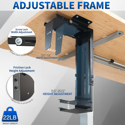 Adjustable frame with screw lock for width and height adjustment on a wooden surface.