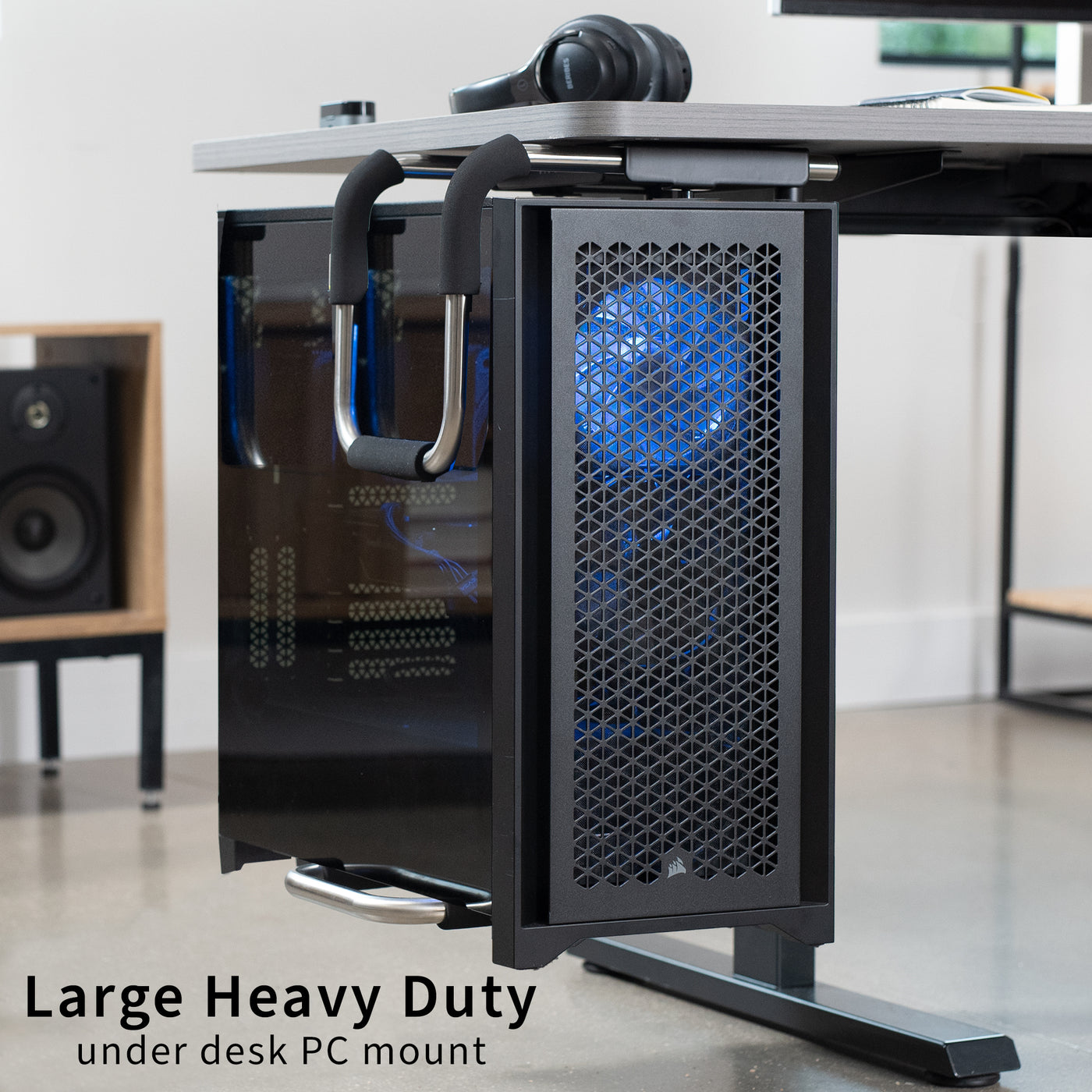 Large heavy-duty height adjustable and width adjustable under desk PC mount.
