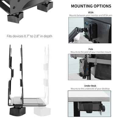 Sturdy steel multi-functional PC mount for under desk, pole, or behind monitor VESA mounting.