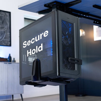 Large Under Desk and Wall PC Mount with 'Secure Hold' text in a modern indoor setting