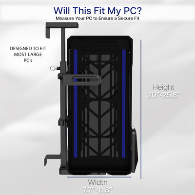 Measurement guide for a computer case with dimensions displayed on a white background