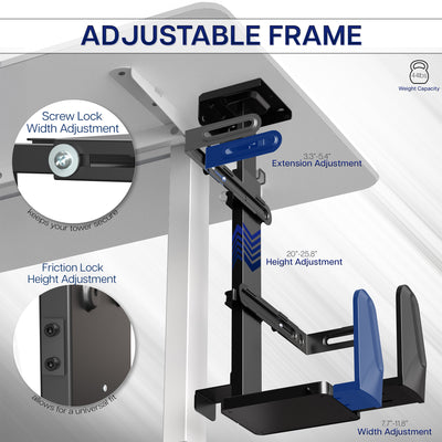 Adjustable PC frame with screw lock width adjustment, friction lock height adjustment, and extension adjustment on a white background.