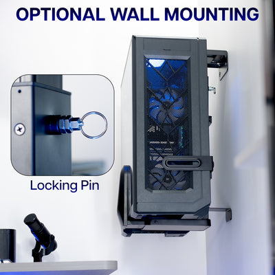 Computer PC Under-Desk Mount with wall mounting feature and locking pin illustration on a white background