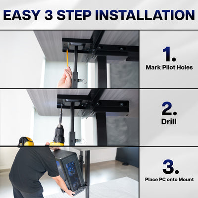Step-by-step installation guide for the computer PC mount with text and images.
