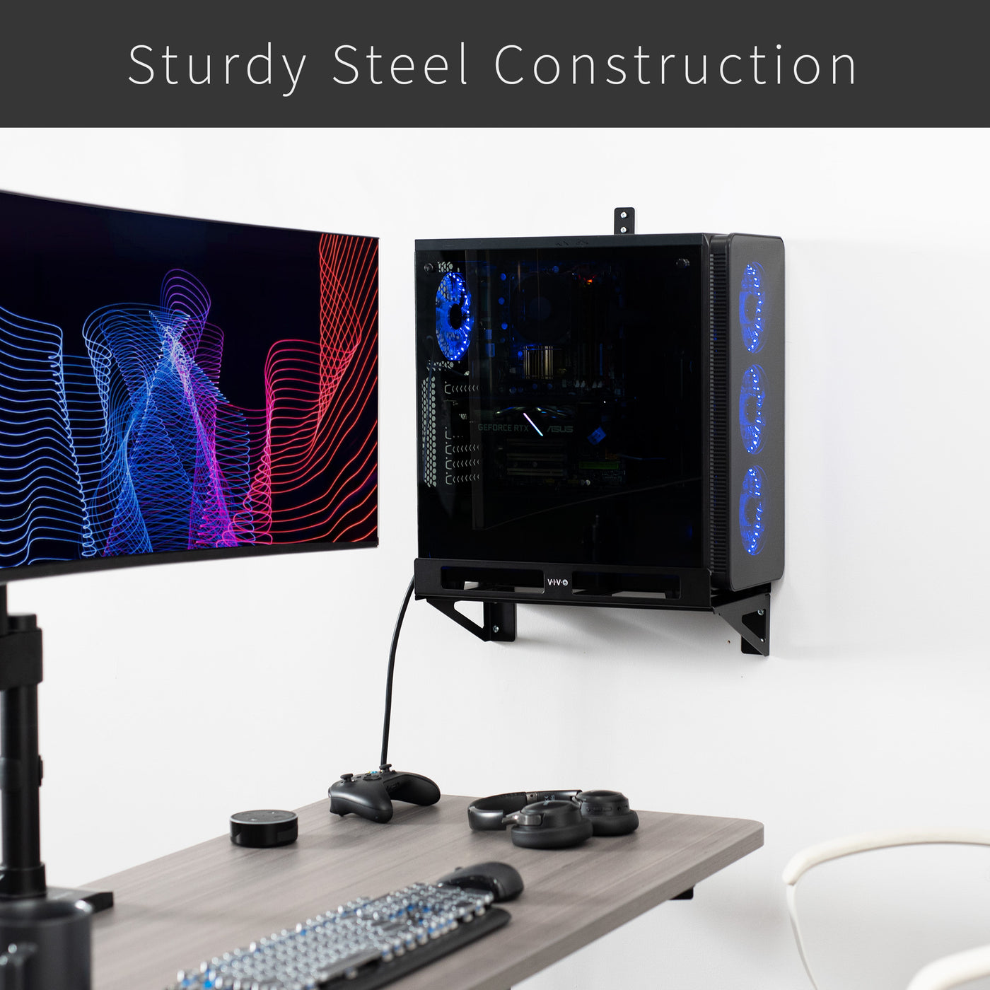 Clamp-On Adjustable Deskside Gaming PC Mount, Wall Mount, Computer Case CPU Holder with Secure Locking