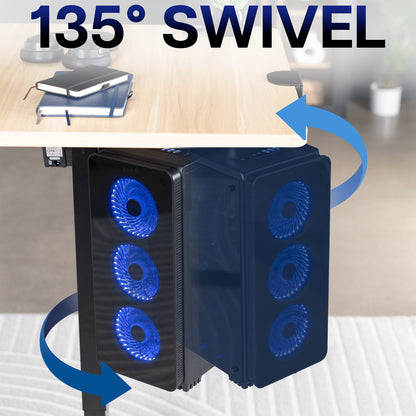 Swivel feature shown on a PC mount in a blurred office desk background, emphasizing 135-degree swivel.