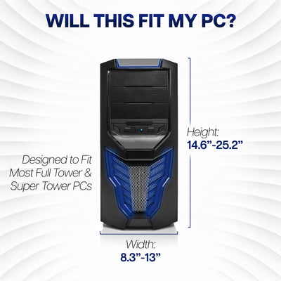 Computer tower with dimensions on a white background and text stating 'WILL THIS FIT MY PC?'.