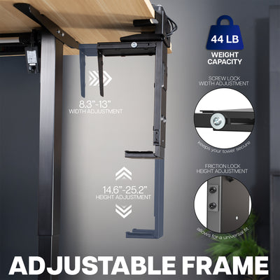 Under desk PC Mount with an adjustable frame with height and width adjustment features on a dark background