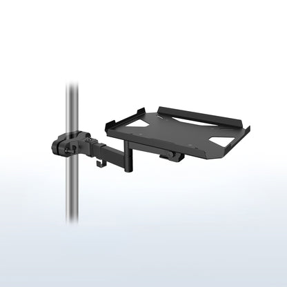A black pole mount shelf with an articulating arm designed to attach to a pole.