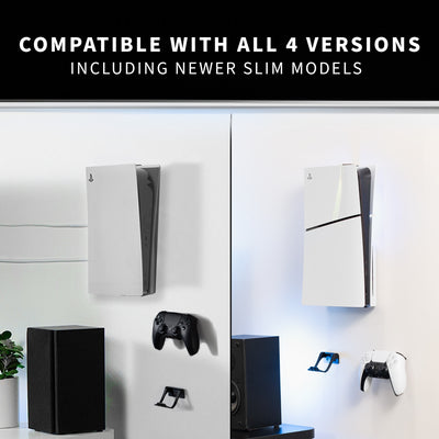 Gaming console and accessories on a white background with text indicating compatibility.
