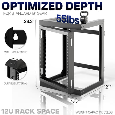 Diagram showing the product dimensions for the wall mounted server rack that holds 55 lbs
