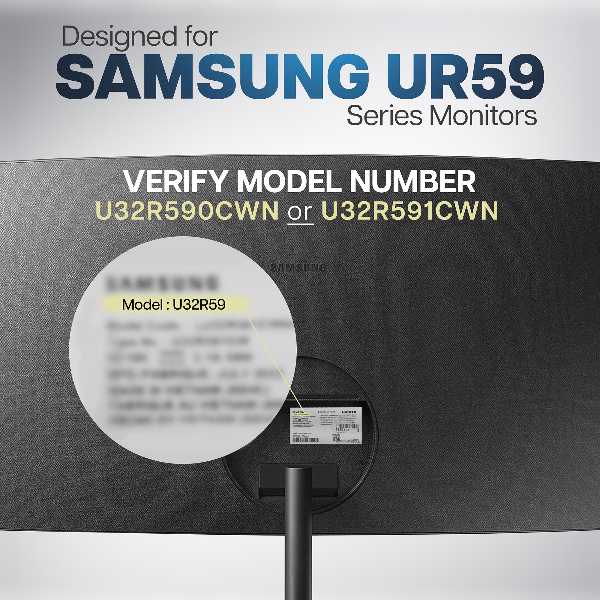 VESA Adapter Designed for the Compatible Samsung UR591C Series allows your non VESA compatible monitor to be mounted to a stand of your choice.