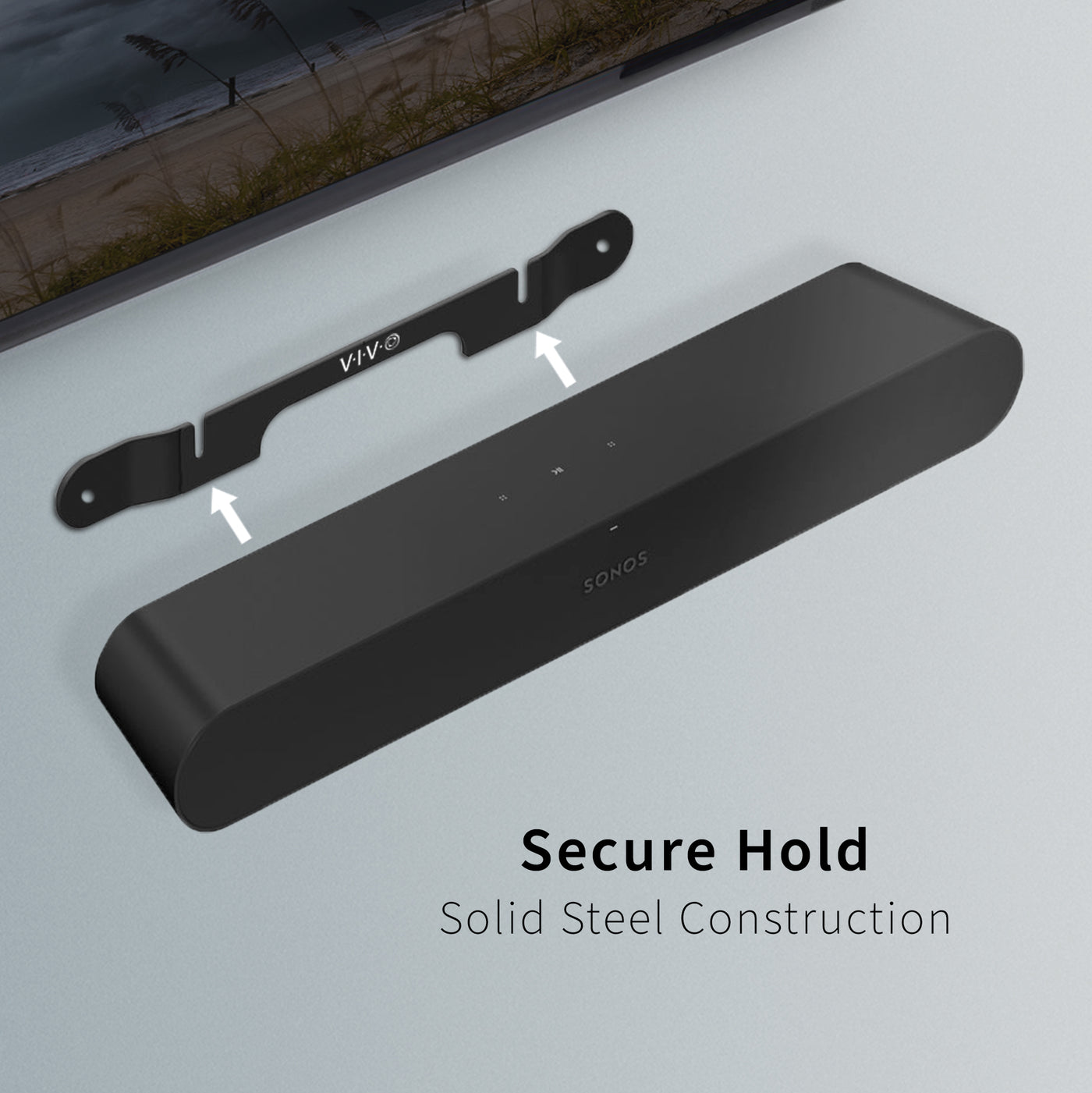 Solid steel wall mount bracket attachment for Sonos Ray Soundbar.