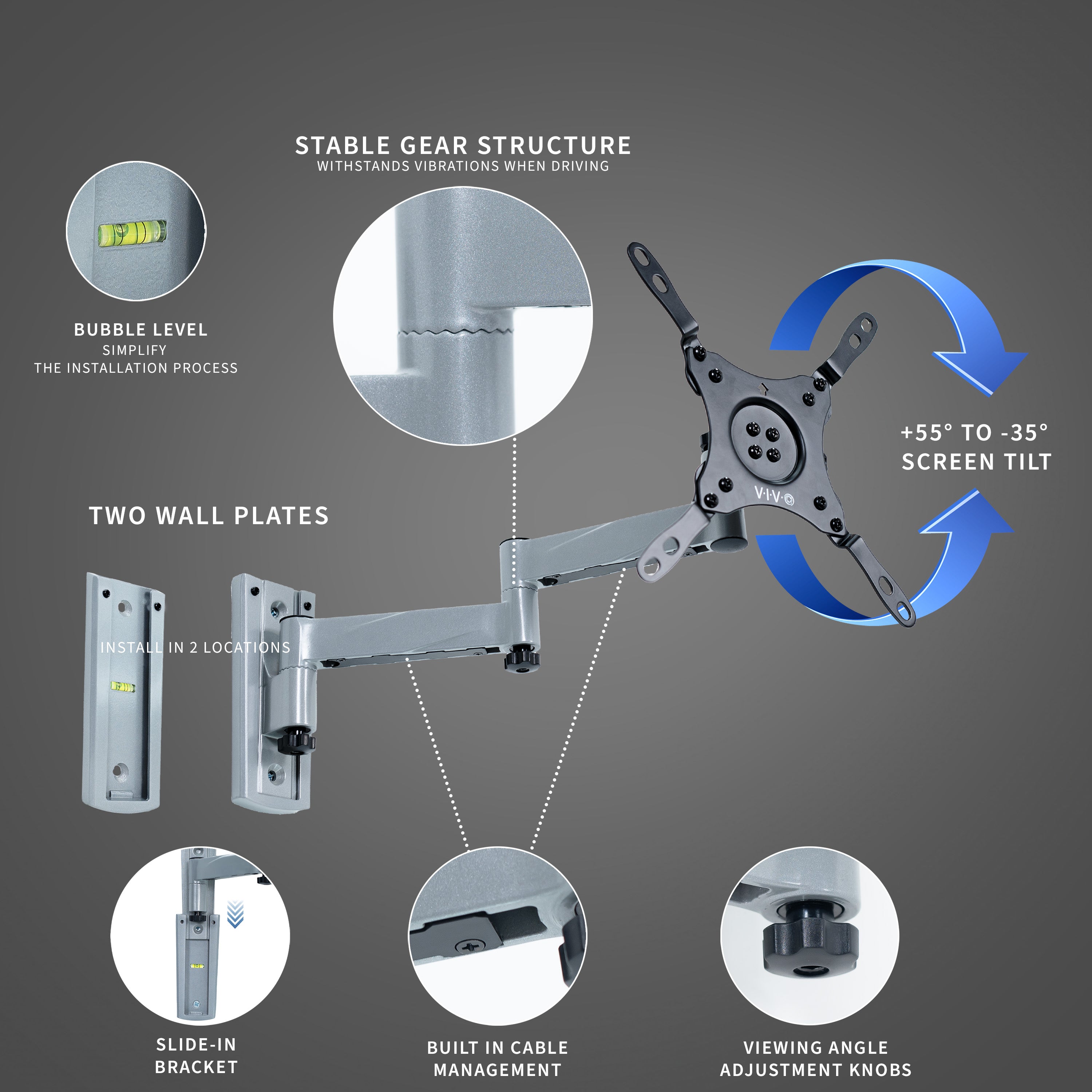 Quick release extending TV wall mount with tilt and swivel and built-in cable management. Includes 2 wall plates to provide installation in 2 different locations.