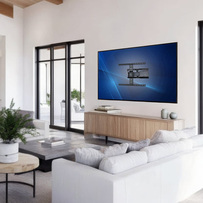 Modern living room with a large TV mounted on the wall, white sofa, and wooden coffee table.