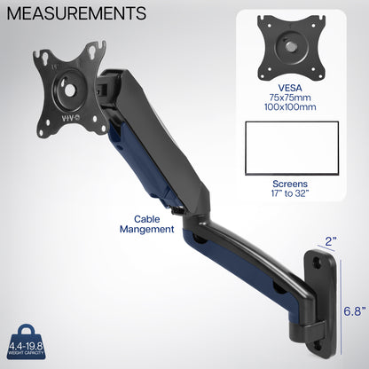 Sturdy adjustable pneumatic arm single monitor ergonomic wall mount for office workstation.