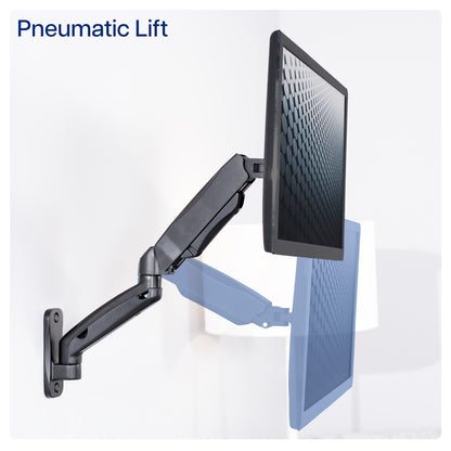 Sturdy adjustable pneumatic arm single monitor ergonomic wall mount for office workstation.