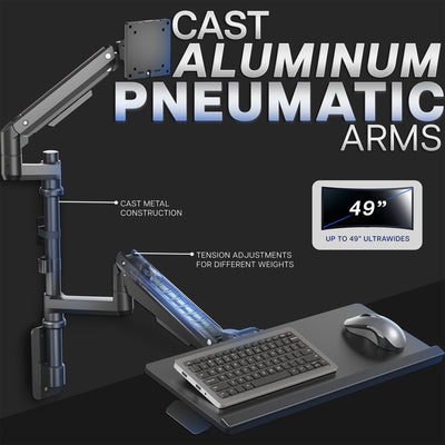 Computer monitor and keyboard tray  wall mount with pneumatic arms on a black background, featuring text about cast aluminum construction and screen size support.