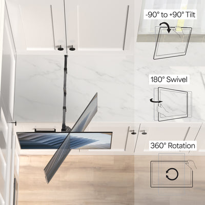Under cabinet mounted single monitor or TV mount, height adjustable and articulating with built-in cable management. Simple installation with all necessary hardware included.