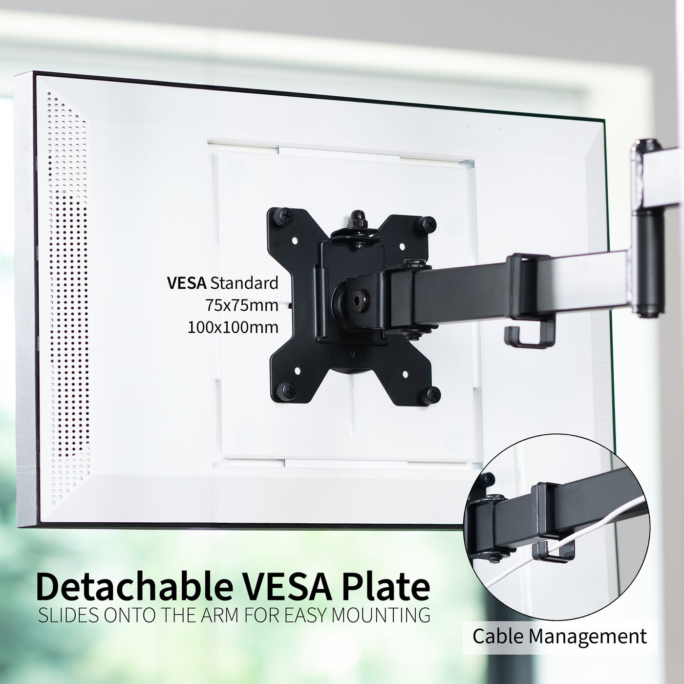 Under cabinet mounted single monitor or TV mount, height adjustable and articulating with built-in cable management. Simple installation with all necessary hardware included.