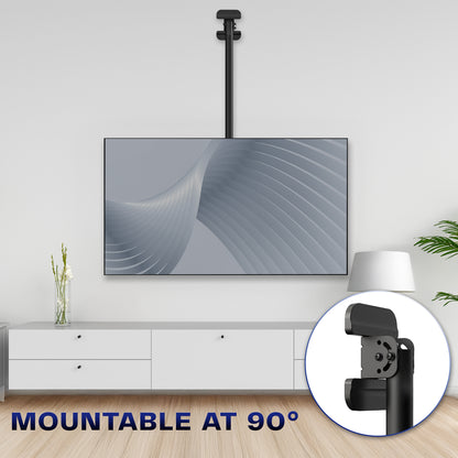 TV mounted on a wall with a close-up of the TV Ceiling Mount bracket angled at 90 degrees, text 'Mountable at 90°' displayed.