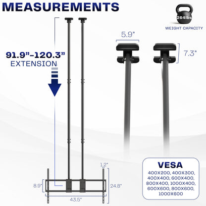 Measurement chart for a TV ceiling mount with dimensions and weight capacity details.