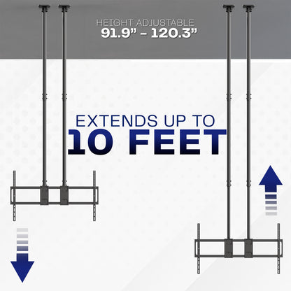 Dual Pole Extra Large 60” to 120” TV Ceiling Mount with Extension Pole with measurement details on a white background