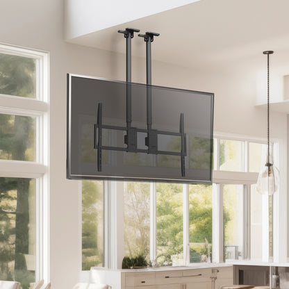 TV mounted on a ceiling mount in a room with large windows