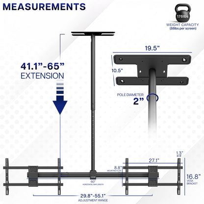 Measurements of a Side-by-Side Dual TV Ceiling Mount with extension, weight capacity, and pole diameter details.