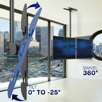 Side-by-side Dual TV mount with swivel and tilt features in a room with large windows showing a cityscape.