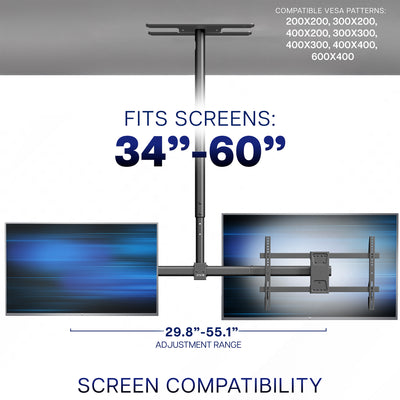 Ceiling mount for 2 TVs with screen and VESA compatibility details on a white background