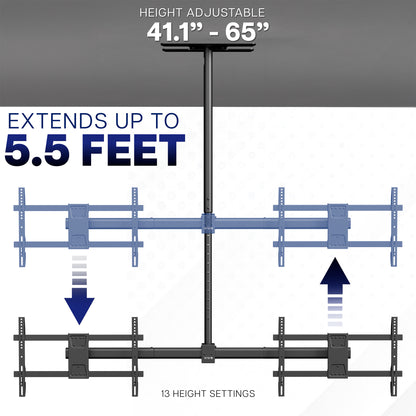 Side-by-Side Dual TV Ceiling Mount with adjustable height feature on a gray background