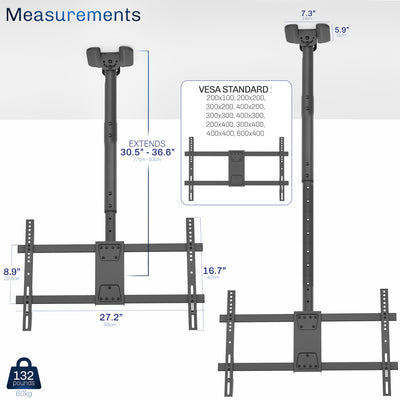 Measurement chart of a TV ceiling mount with dimensions and weight details.