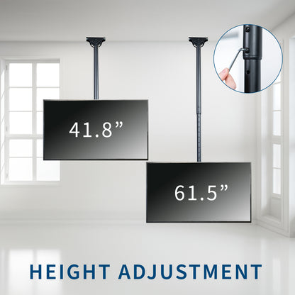 Large heavy-duty TV ceiling mount with height adjustable 5-foot extension pole with swivel and tilt and built-in cable management. Compatible with flat or sloped ceilings and wood, brick, and concrete mounting surfaces.