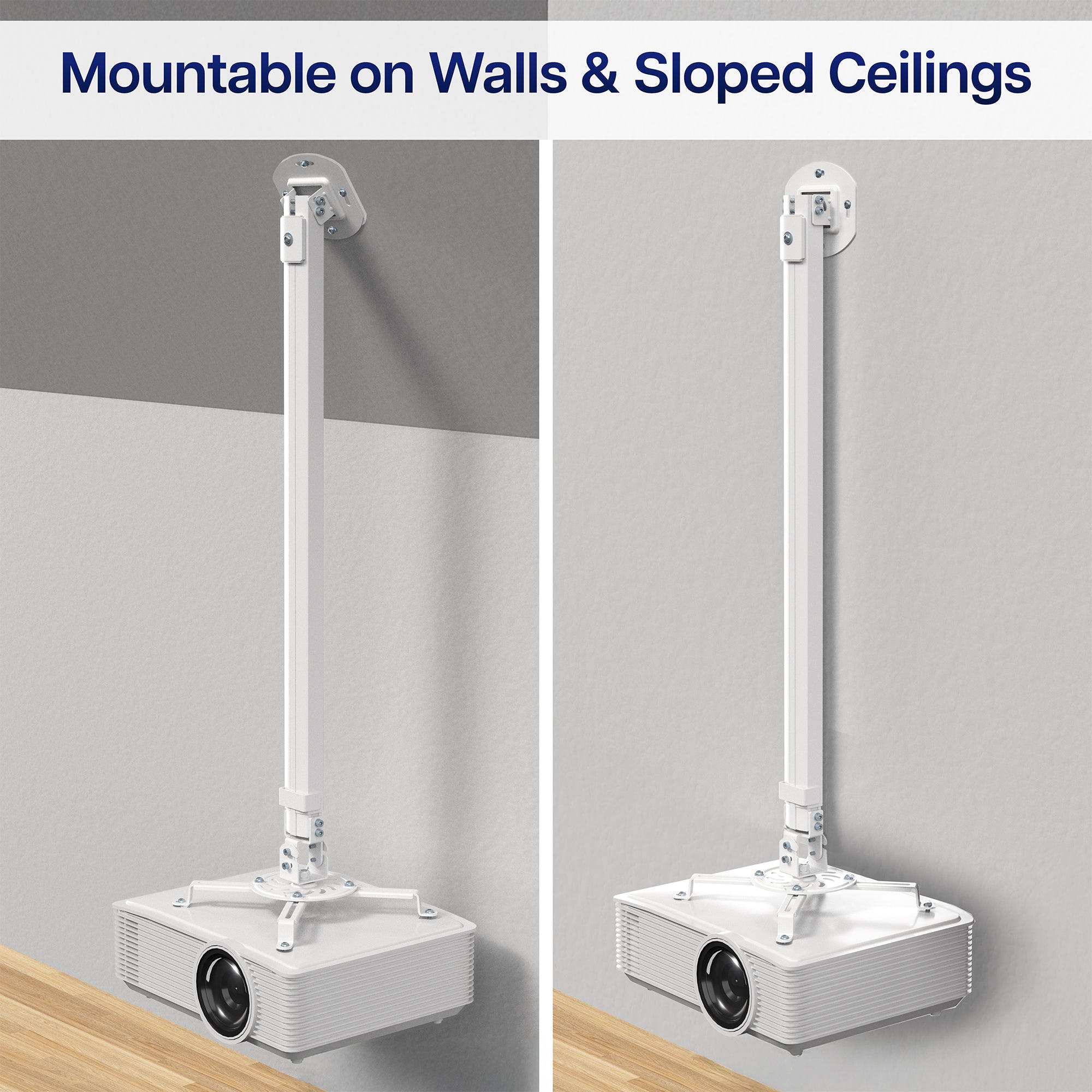 Projector mount on walls and sloped ceilings with text 'Mountable on Walls & Sloped Ceilings'.