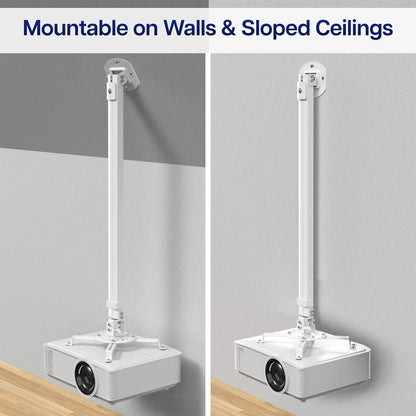 Projector mount on walls and sloped ceilings with text 'Mountable on Walls & Sloped Ceilings'.