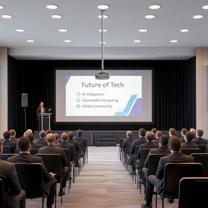 Conference room with a presenter and audience on a screen displaying 'Future of Tech'.