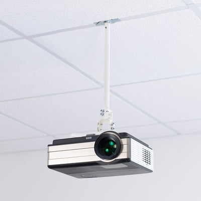 A white ceiling mount with scissor clamp designed to support projectors, featuring an adjustable length arm and a circular base.