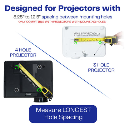 A white ceiling mount with scissor clamp designed to support projectors, featuring an adjustable length arm and a circular base.