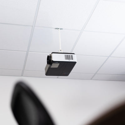 A white ceiling mount with scissor clamp designed to support projectors, featuring an adjustable length arm and a circular base.